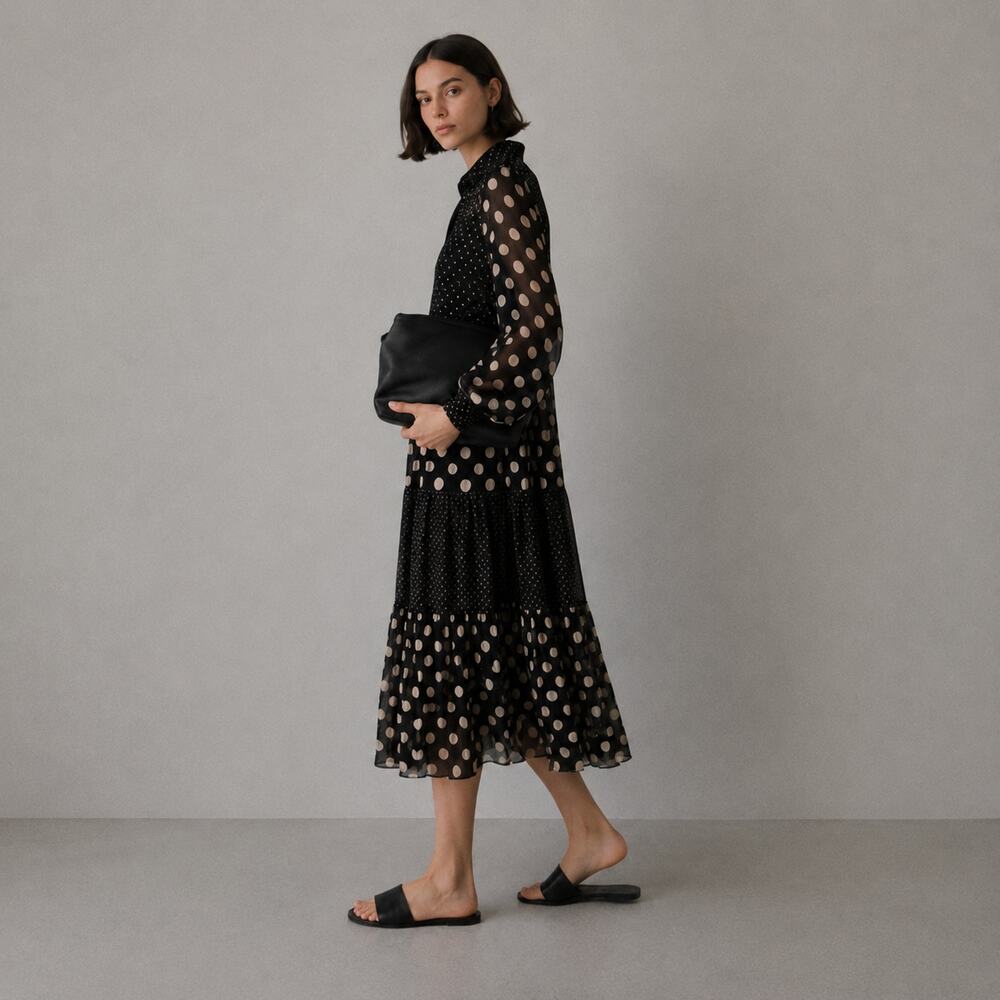 Akris Punto Polka Dot Tiered Midi Dress Womens 12 Black/Cream Long Sleeve - Picture 1 of 11